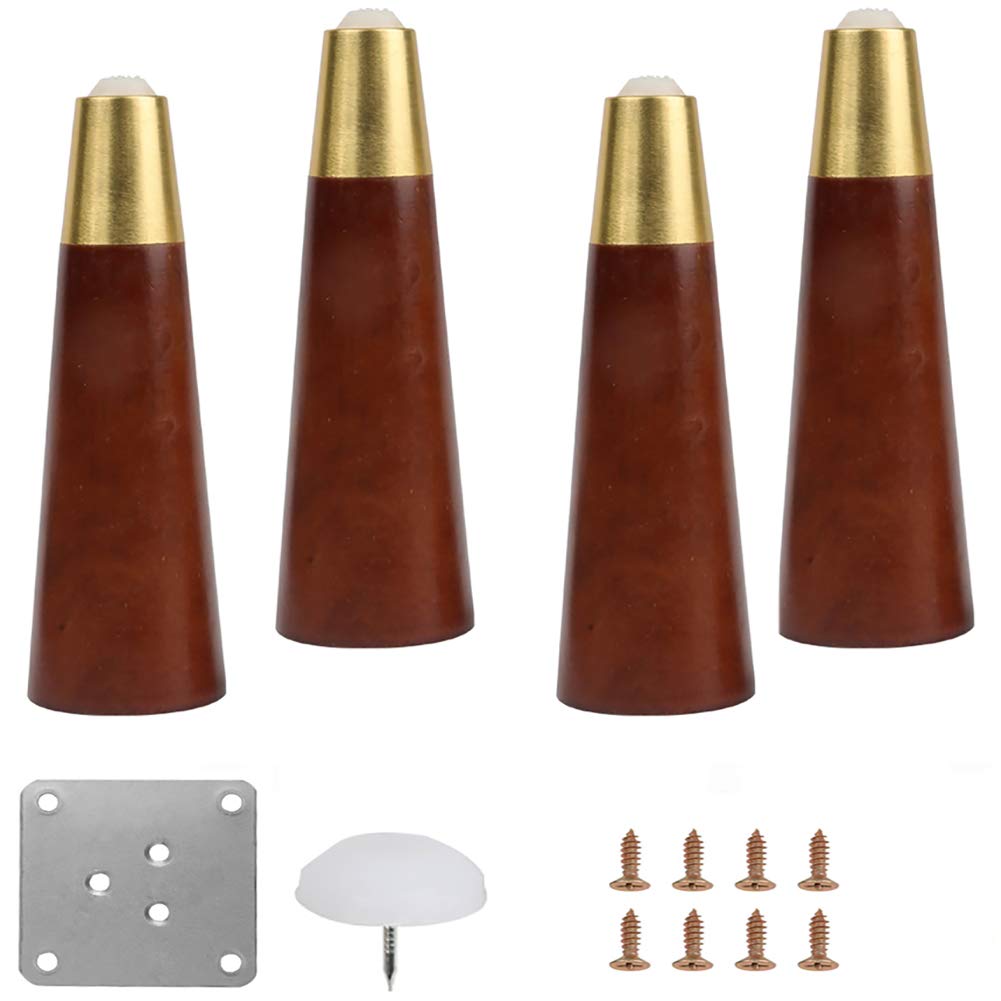 Nogi meblowe z drewna, stożkowe, z litego drewna, mosiężna podstawa, zamiennik sofy, biurka, krzesła, stolika kawowego, kolor orzechowy, zestaw 4 szt. (8 cm)
