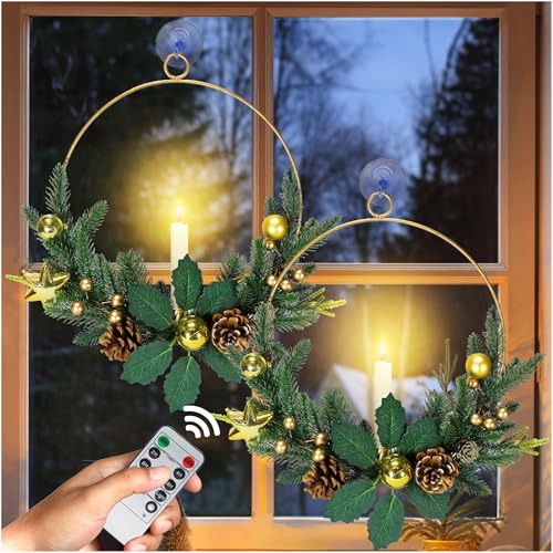 2Pack Christmas Wreaths for Front Door with LED Taper Candles,