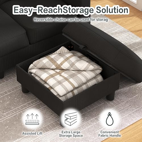 JY QAQA Convertible Sectional Sofa Couch with 3-Seat Sofa, L-Shaped Ottoman Couch with Modern Linen Fabric for Small Living Room, Apartment and Small Space(Black) - Image 6