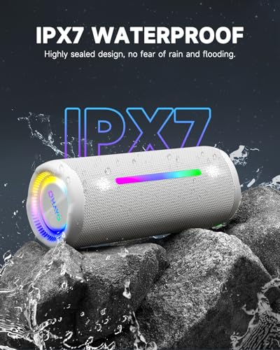 Image of OHAYO Bluetooth Speaker, Portable Wireless, IPX7 Waterproof, Powerful 25W Sound, 24H Playtime, Dual Pairing, Active Bass, Colorful Lights, Bluetooth 5.3, Outdoor Speakers for Home /Party /Beach, White