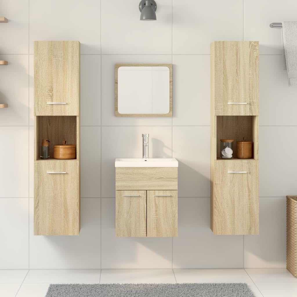 4-TLG. Badmöbel-Set Sonoma-Eiche Holzwerkstoff mit Hochschrank und Spiegel, wandmontierbar, feuchtigkeitsbeständig, klare Glas-Spiegelfläche für Make-up und Rasur
