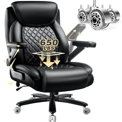 650LBS Big and Tall Office Chair with 5D Flip Arms and Thick Pocket Spring Cushion, Extra Wide Heavy Duty Office Chair with Adjustable Lumbar Support, Large High Back Computer Chair Dual Rubber Wheel