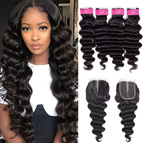 10A Brazilian Hair Weave Loose Deep Wave Human Hair Bundles with Closure (20 22 24 26+18 Closure) Grace Length Brazilian Virgin Hair Loose Deep Curly Hair 4 Bundles with 4X4 Closure