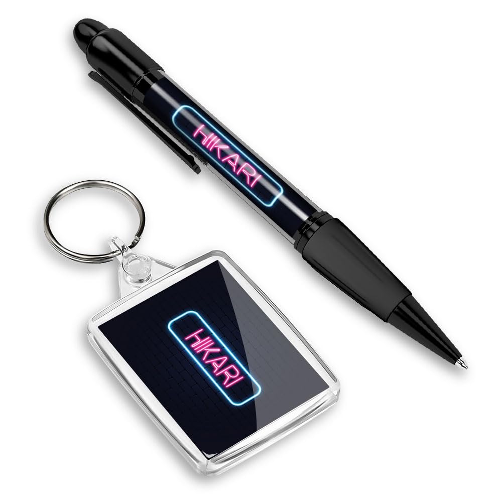 1 x Black Ink Ballpoint Pen & 1 Rectangle Keyring Neon Sign Design Hikari City Japan Matching Set of Keychains for Your Keys and Black Pen #351540