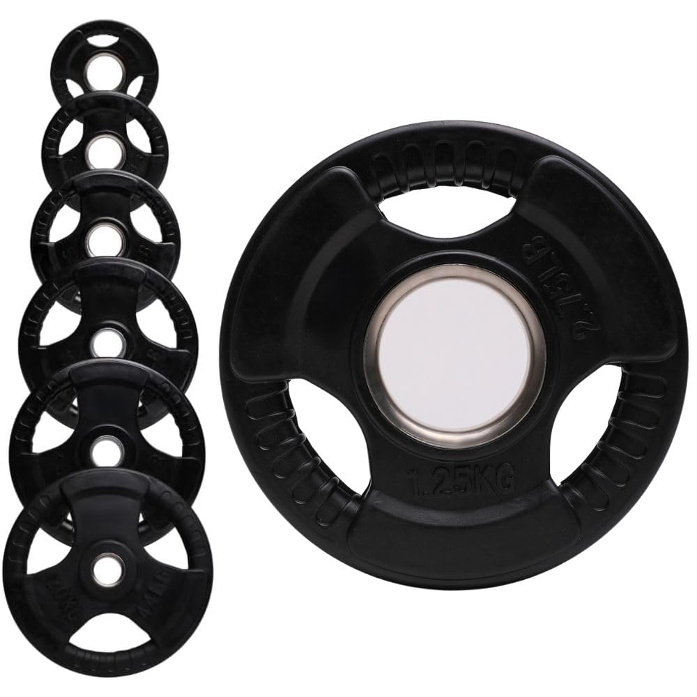 Olympic Weight Plate Tri Grip Disc Rubber Coated Cast Iron Weights Plate Set Solid Lifting Plates 3 Handles Portable Vinyl for Deadlift Barbell Dumbbell Bars Strength Training Home Gym Fitness Workout โ image 1