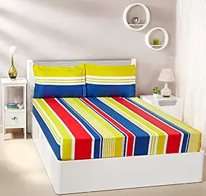 Amazon Brand - Solimo Vivid Stripes 144 TC 100% Cotton Double Bedsheet with 2 Pillow Covers, Yellow and Blue