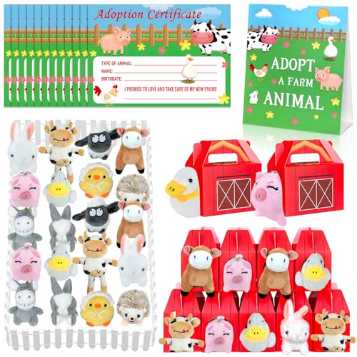 Jiytivity 63 Pcs Farm Animal Party Favors Include 20 Mini Stuffed Animals 20 Foldable Farm Boxes 20 Adoption Card 1 Adopt Sign 2 Fence for Adopt a Farm Animal Adopt a Pet Party Favors