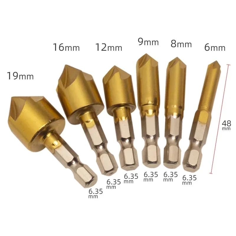 Lagnlnaoy 6PCS Hexagon Shank Titanium-Plated Five Flute Chamfering Cutter 1/4'' Hexagon Shank Reaming Chamfer 12mm16mm19mm Punching Tool