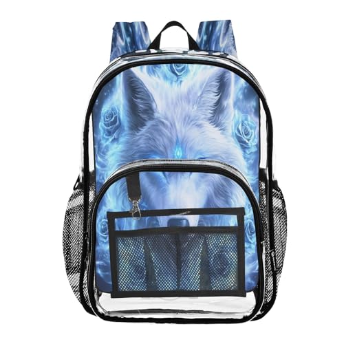 White Wolf Rose Blossom Clear Backpack Heavy Duty See Through Transparent PVC BookBag for Kids Boy Girl School Work