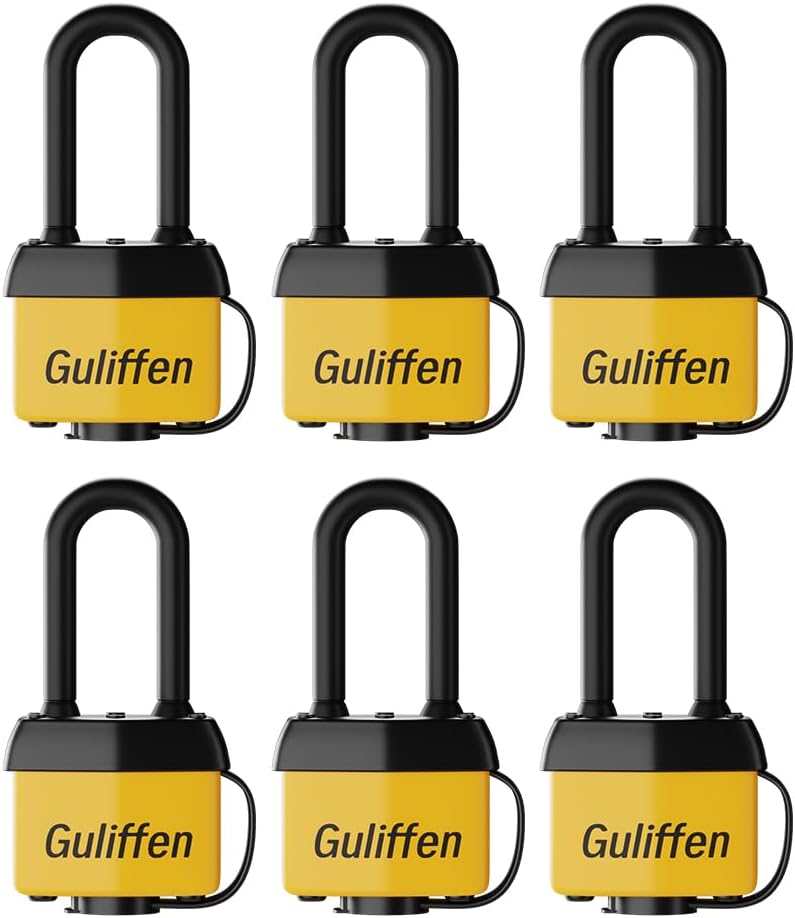 Weatherproof Laminated Metal Padlock with Identical Key, Outside Padlock with Lengthy Shackle for Gate, Fence, Shed,Storage, 6 Pack
