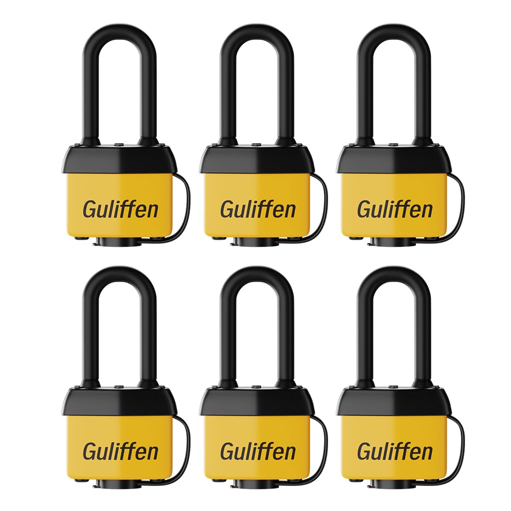 Guliffen Weatherproof Laminated Steel Locks with Keys,6 Pack Padlocks with Same Key for Outdoor Use