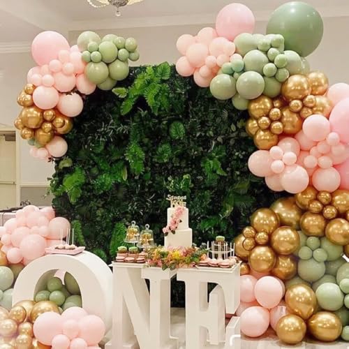 Image of 412Pcs Pink and Green Balloon Garland Arch Kit -Different Sizes 18 12 10 5inch Sage Green and Pink White Sand Gold Different Size Balloons for Girl Birthday Jungle Safari Woodland Party Decorations