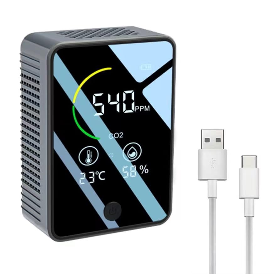 Detector CO2 3 en 1 con Alarma - NDIR - Medidor de Dióxido de Carbono, Temperatura y Humedad para Interiores - Sensor de Co2 con Pantalla LCD a Color - Hogar - Duración de la Batería hasta 6 Horas