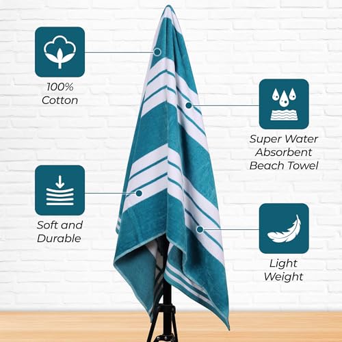 Superior Cotton Cabana Striped Beach Towels, Colorful Towels for Adult, Kid, Pool, Swimming, Sand, Travel, Large Oversized, Absorbent, Fast Drying, Bath Basics, Cabana Collection, 1 Piece, Turquoise - Thumbnail 3