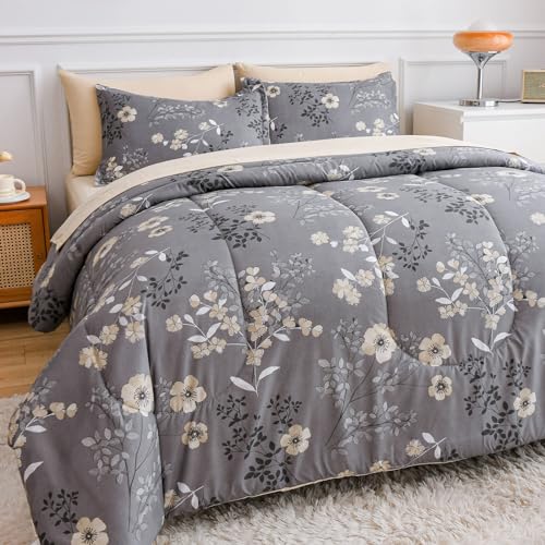 AIKASY Grey Queen Bed in a Bag 7-Pieces, Comforter Set with Sheets,Tree Branches and Flowers Printing Design,Ultra Soft Down Alternative All Season Bedding Set(Queen, Grey)