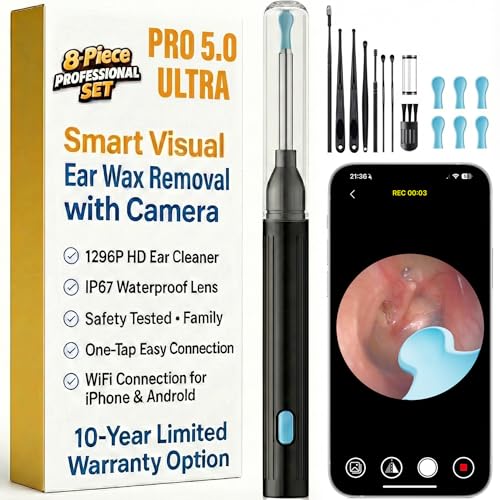 Herramienta de eliminación de cera de oído con juego de 8 piezas, limpiador de oídos con cámara HD de 2400P con 6 luces LED, WiFi integrado, kit de limpieza de oídos para iOS y Android