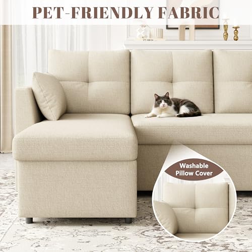 Image of Huatean Home Oversized Pull Out Couch, 110 inch 2 in 1 Sleeper Sofa Bed with Side Pockets for Living Room, Sectional Sleeper Sofa Bed with Double Storage Chaise, Beige