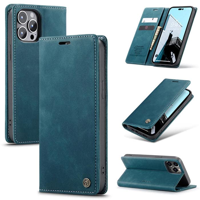 GOLDEN MASKiPhone 14 Pro Max Retro Flip Leather Wallet Case- (Blue)