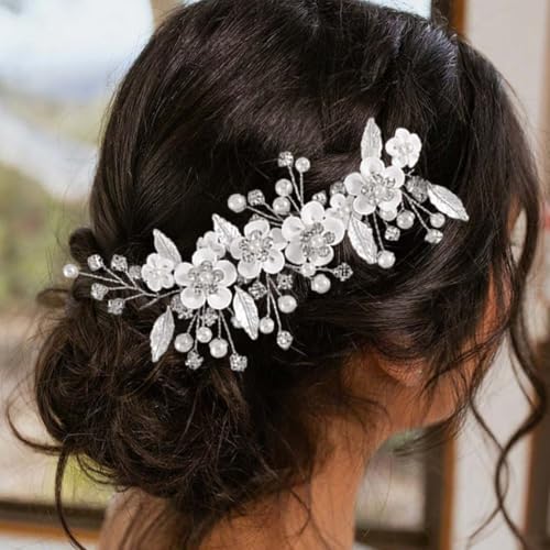 JONKY Flower Bride Wedding Hair Vine Silver Leaf Headpiece Bridal Hair Accessories for Women