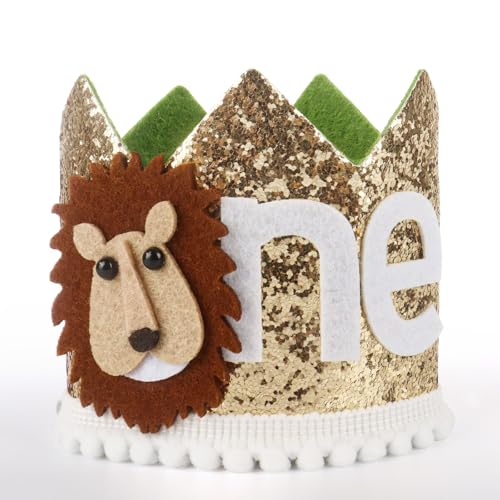 Wznnlt 1st Birthday Hat for Boys, Wild One Birthday Decorations, First Birthday Crown with Lion for Kids' Celebrations Hat01
