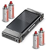 Gaskocher 2-flammig mit Piezozündung - mit Grillaufsatz 45cm - Campingkocher für Gaskartuschen MSF-1a 227g - Camping Gaskocher für Campinggaz - Camping Herd mit Grillplatte + 4 Gaskartuschen