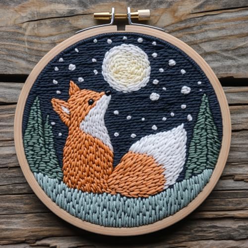 Image of Punch Needle Kit for Beginners, Punch Stitching Kit for Adults, Needle Punch Kits for Adults with Fox and Moon Design, Ideal for DIY Crafts, Embroidery, and Gifts for All Ages