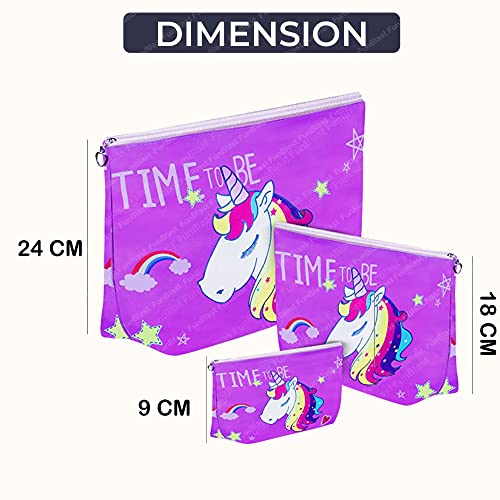 Image of FunBlast Multipurpose Canvas Pouch - Pack of 3 Pcs Pouch with Zipper Lock, Stationary Organizer Pouch, Travel Accessories Pouch Bag, Cosmetic Bag, Money Purse, Handbag (Unicorn-Purple)