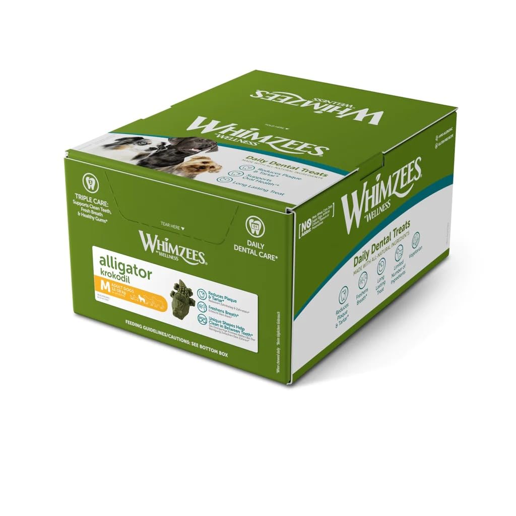 WHIMZEES Alligator, masticable dental diario natural para perros, masticable de larga duración, 65 piezas, talla M