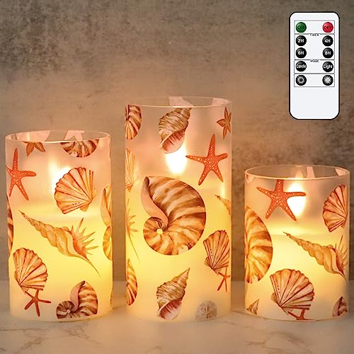 Image of Seashell Battery Operated Flameless Flickering Candles with Remote Timer 3D Wick Flickering Glass LED Pillar Candles Dinner Christmas Holiday Decor D3 x H4, 5 inch, 6 inch