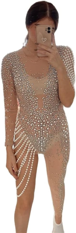 Sparkly Fringe Sheer One Shoulder Jumpsuits for Women Sexy Drag Queen Costumes Exoctic Dancer Outfits Clubwear Rhinestone See Through Bodysuit Nude