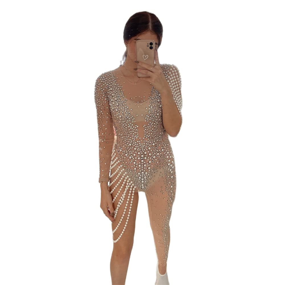 YUANTONG Sparkly Fringe Sheer One Shoulder Jumpsuits for Women Sexy Drag Queen Costumes Exoctic Dancer Outfits Clubwear Rhinestone See Through Bodysuit, Nude, One Size