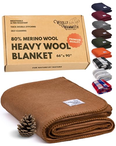 Woolly Mammoth Woolen Company Wool Blanket - 66 x 90 in, Sandstone, 80% Merino Wool - Camping Blankets for Cold Weather - Double-Stitched Durability for Overlanding, Hunting, Emergency Kits, Bushcraft
