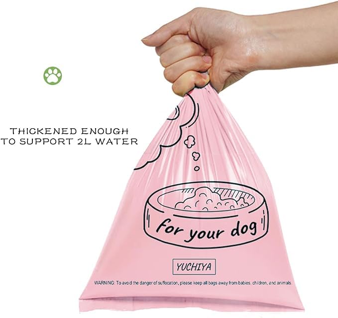 Image of YUCHIYA Dog Poop Bags Holder with UV Flashlight with 1 Roll of Leak-Proof Dog Waste Bags Black Light for for Pet Urine Detector with Built-in LR44 Batteries and Dog Walking Accessories (Pink)