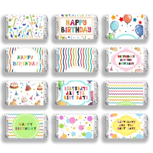 arricraft 120 Pcs Happy Birthday Mini Candy Bar Wrappers, Cartoon Cake Dot Balloon Ribbon Chocolate Bar Label Stickers Self Adhesive Stickers for Birthday Party Favors(No Candy)