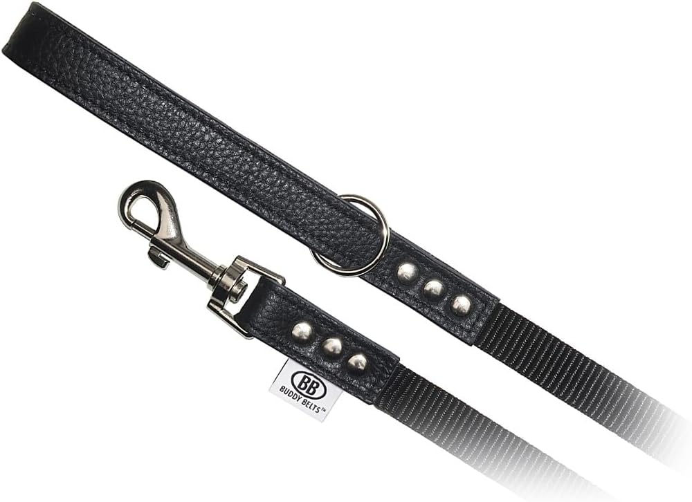 BUDDY BELT Pebble Grain Accent Leather Nylon Leash Black - Premium Edition (3/4" x 4')