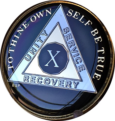 Bright Star Press 10 Year Classic Black AA Alcoholics Anonymous Medallion Sobriety Chip Tri Plate Gold & Nickel Plated Serenity Prayer