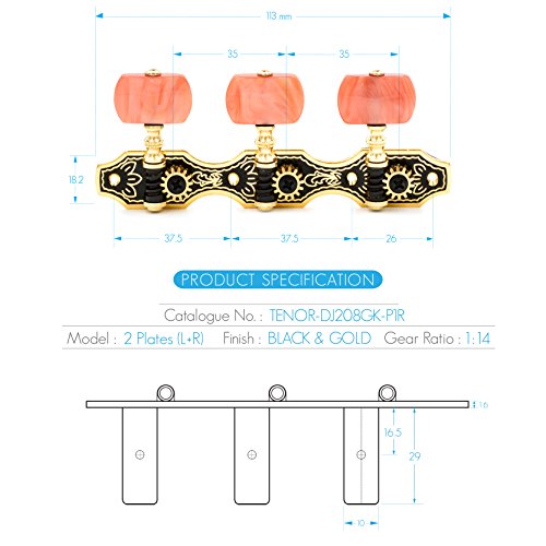 DJ208GK-P1R TENOR Classical Guitar Tuners, Tuning Key Pegs/Machine Heads for Classical or Flamenco Guitar with Black and Gold Plated Finish and Red Buttons. - Thumbnail 2