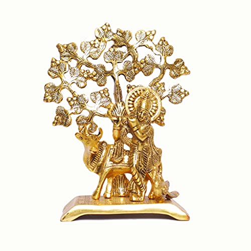 Image of KridayKraft Metal Krishna Idol Statue with kamdhenu Cow Standing Under Tree Showpiece Figurine for Pooja Room & Gift,Decorative Religious Statue for Home,Office & Table...