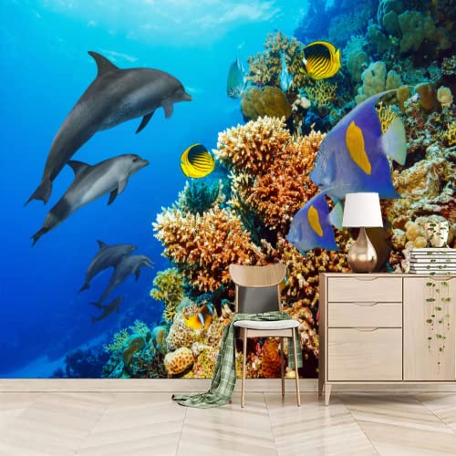 Ocean Coral And Fish 3D Wall Murals Wallpaper, Funny Dolphin Wall Poster Murals, Wall Painting Art Wallpaper For Living Room And Bedroom Home Decor 177" By 124" #TOP2