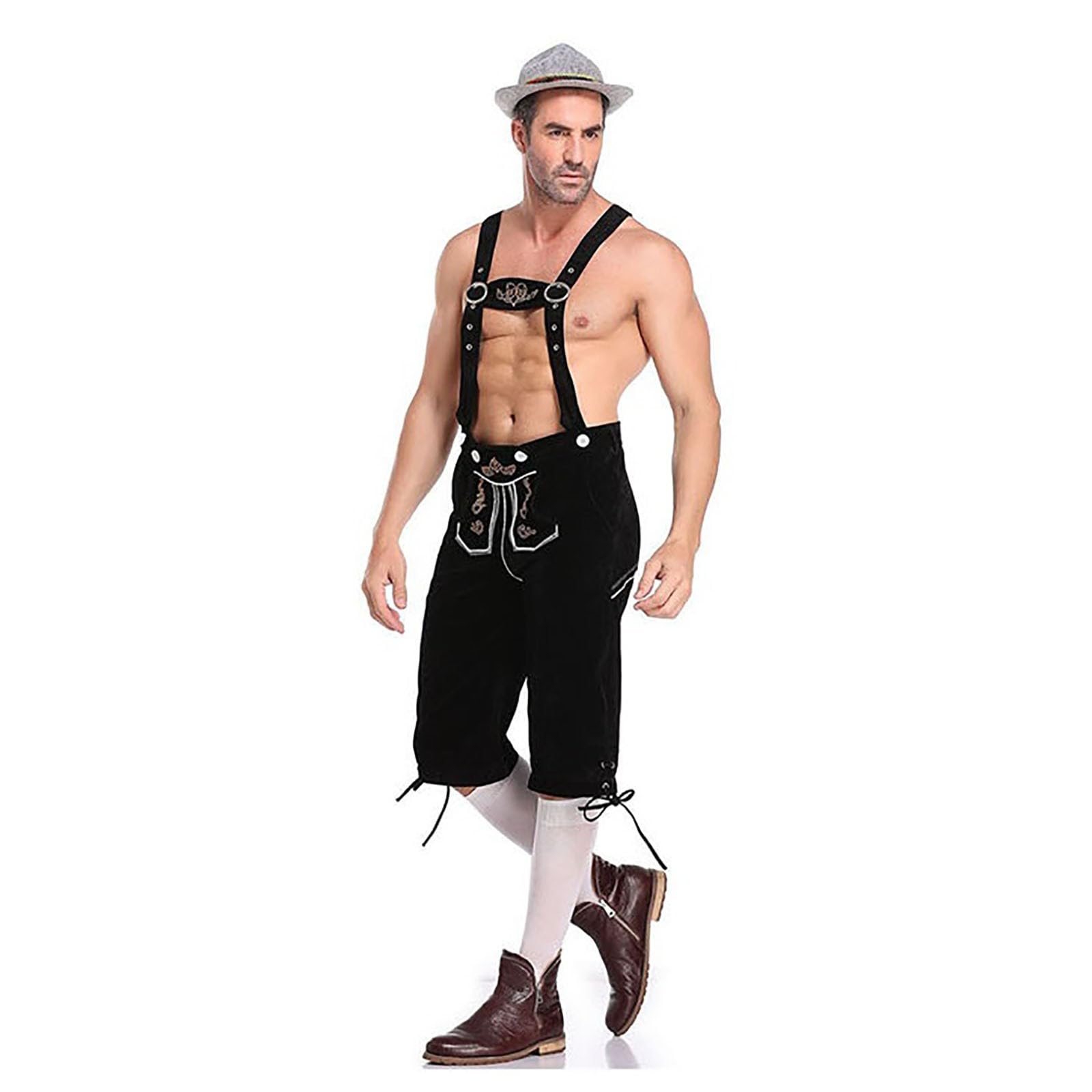 Lederhosen Men German Authentic Bavarian Costume Traditional Oktoberfest Outfit Fancy Dress Ethnic Suspender Costume Beer October Festival and Halloween Dress Up Black