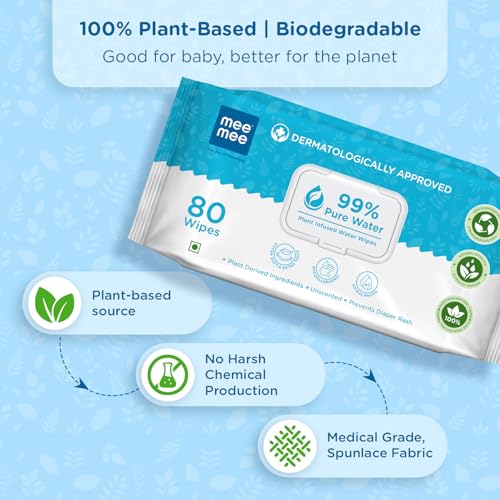 Image of Mee Mee Pure Water Wet Wipes 80 Count x 4 Pack 320 Wipes | Unscented, Plant-Derived, Thick & Soft Baby Wipes | Gentle for Newborn & Sensitive Skin with Lid