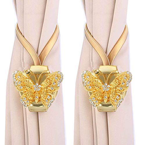 YYC 1 Paar magnetische Vorhangschnalle, Schmetterling, Vorhang-Raffhalter, Kristall, Drapier-Raffhalter, elastisches Seil (Gold)