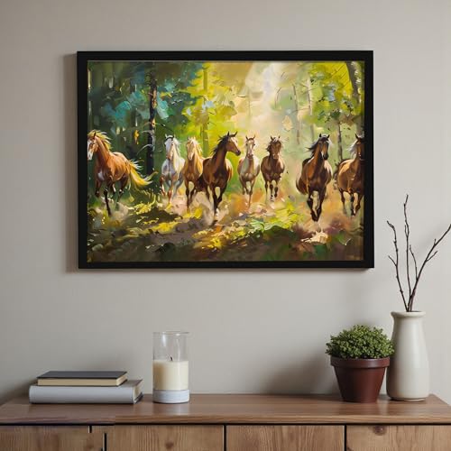 Image of 8 Running Horses Vastu Framed Wall Art Painting For Living Room| Symbol of Growth Eight Horse Wall Painting With Frame for Home & Office, 17x23 Inch