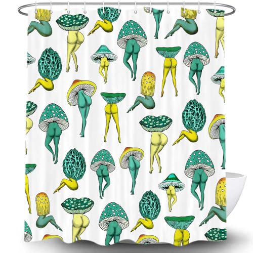 Funny Mushroom Butt Shower Curtain, Fun Cute Sexy Butt 70S 80S Fabric Curtains for Bathroom Hippie Psychedelic Aesthetic Colorful Unique Cool Cloth Curtain with 12 Hooks 70X70IN Green Teal White