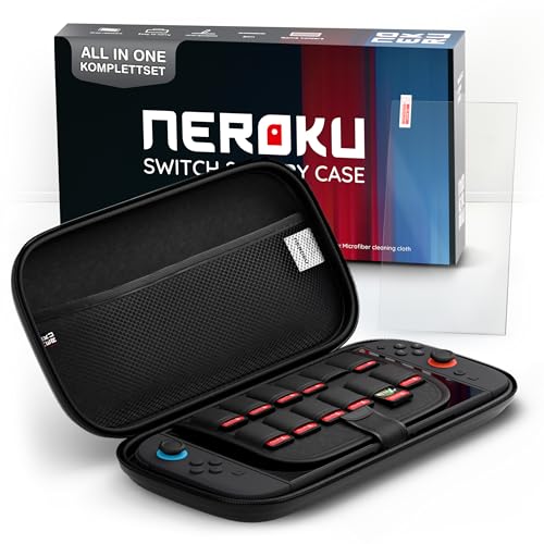 Neroku Robuste Tasche für Nintendo Switch 2 I Modell 2025 I Switch 2 Zubehör Set bestehend aus Switch 2 Tasche und Panzerglasfolie, Zubehörfach & Platz für 12 Spiele, Case für sicheren Schutz