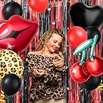 30 Pcs Red and Black Birthday Party Decoration Kit with Foil Fringe Backdrop,Cheetah Pattern Cherry Print, Red Lips and Black Heart Balloon for Valentine's Day Party Decor,Kiss The Miss Goodbye - Image 5
