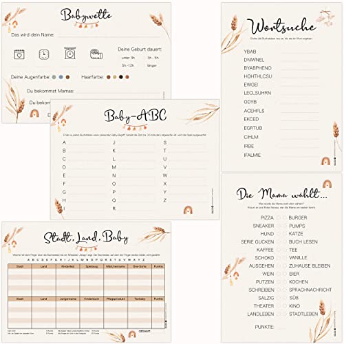 Olgs Babyparty Spiele Set - 5 Verschiedene Babyshower Spiele 12er Set, Schwangerschaftsspiele und Gender Reveal Parties, ausfüllbare Ratespiele im Boho-Design DIN A5