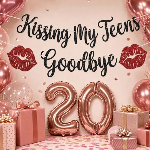 Black Glitter Kissing My Teens Goodbye Banner with Red Lips - Happy 20th Birthday Decorations for Girls Boys, Hello 20 Twenties Party Supplies, Funeral for My Youth Farewell 19 Photo Booth Backdrop — view 4