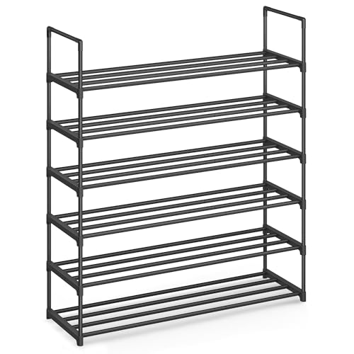 SONGMICS Shoe Rack, 6-Tier Shoe Organizer, Metal Storage Shelf, Upright or Upside Down, for 24-30 Pairs, Stackable, for Entryway, 11.8 x 36.2 x 42.7 Inches, Black ULSA306BH01 Black 6 Tiers (