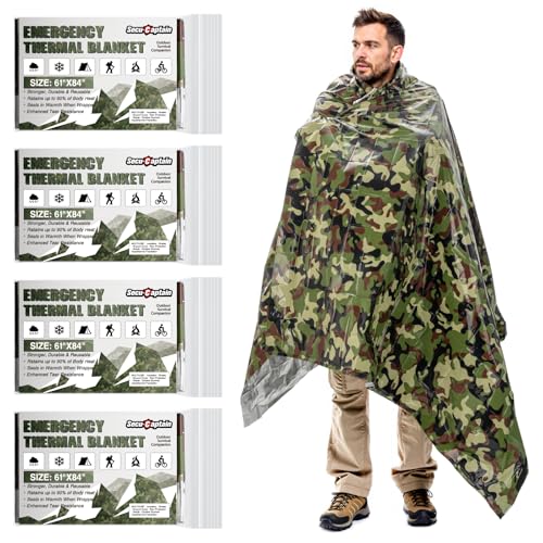 Image of SecuCaptain Survival Emergency Thermal Blankets: Thicken 28um Space Mylar Blanket Kit for Outdoor Cold Winter Camping, Hiking, Car Bug Out Bag, or First Aid - Woodland Camo 4 Pack